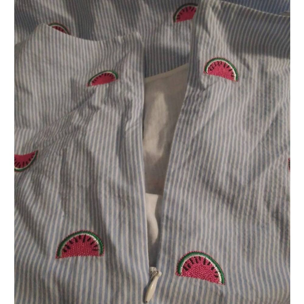 Talbots Blue & White Seersucker Embroidered Watermelon Print Shift Dress Sz 6 - Picture 10 of 11